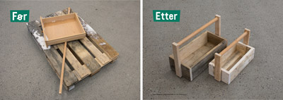 Bilde av verktøykasse med materialer, før og etter bygging.